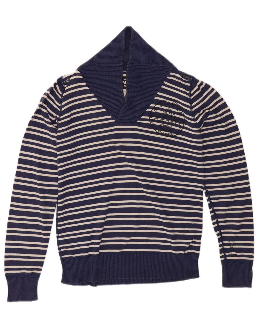 G-STAR Mens Shawl Neck Jumper Sweater Medium Navy Blue Striped Cotton