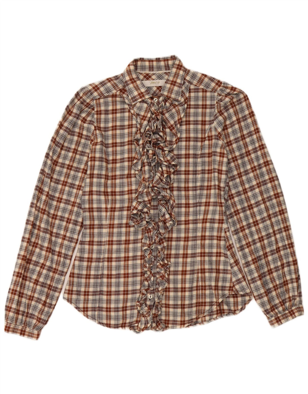 Camicia da donna Marlboro Classics con volant sul davanti IT 38 XS Cotone a quadri marrone