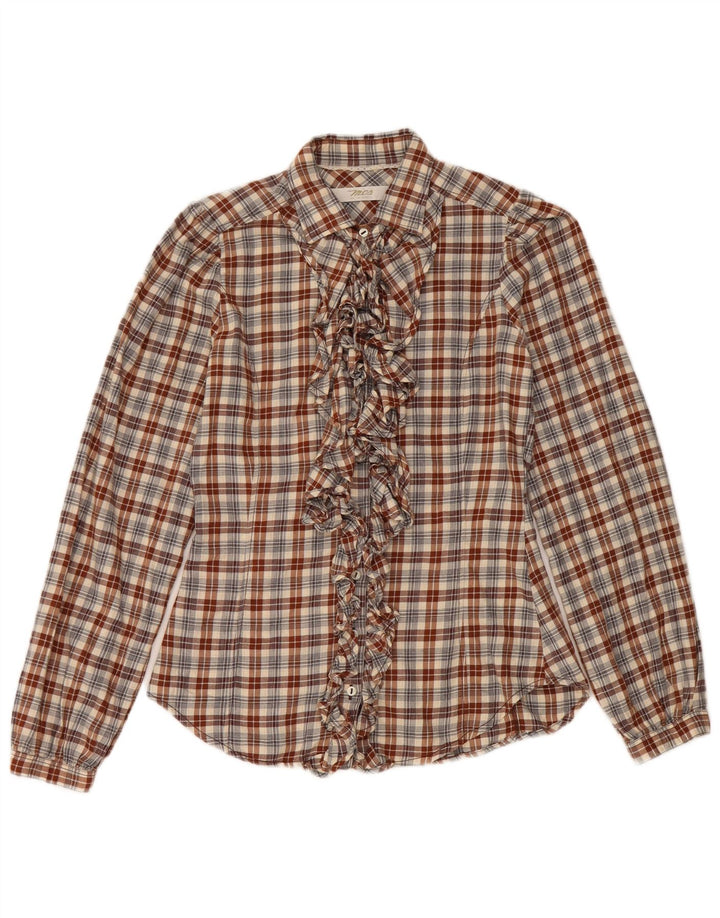 Camicia da donna Marlboro Classics con volant sul davanti IT 38 XS Cotone a quadri marrone