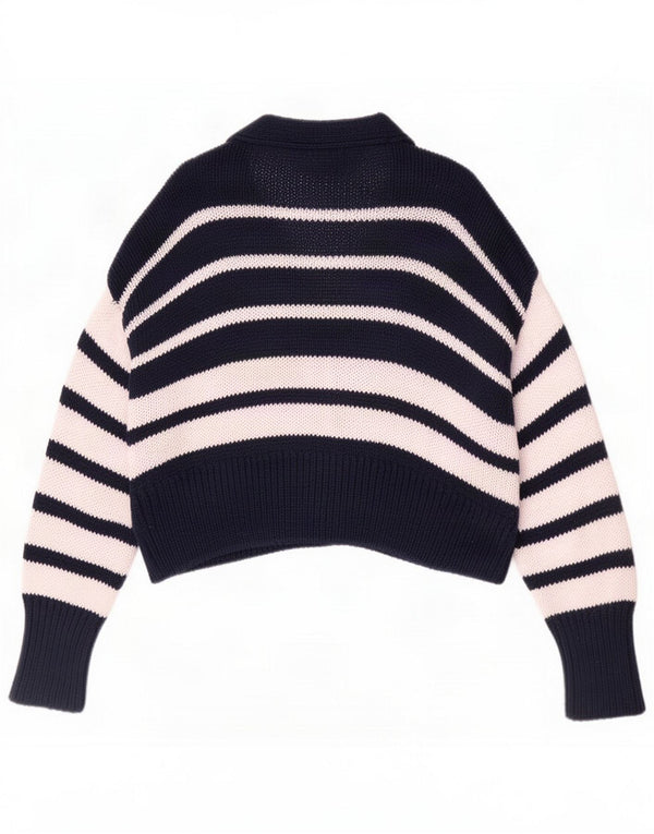 Zara Maglia cardigan corta vestibilità ampia da donna UK 10 Small Blu navy a righe