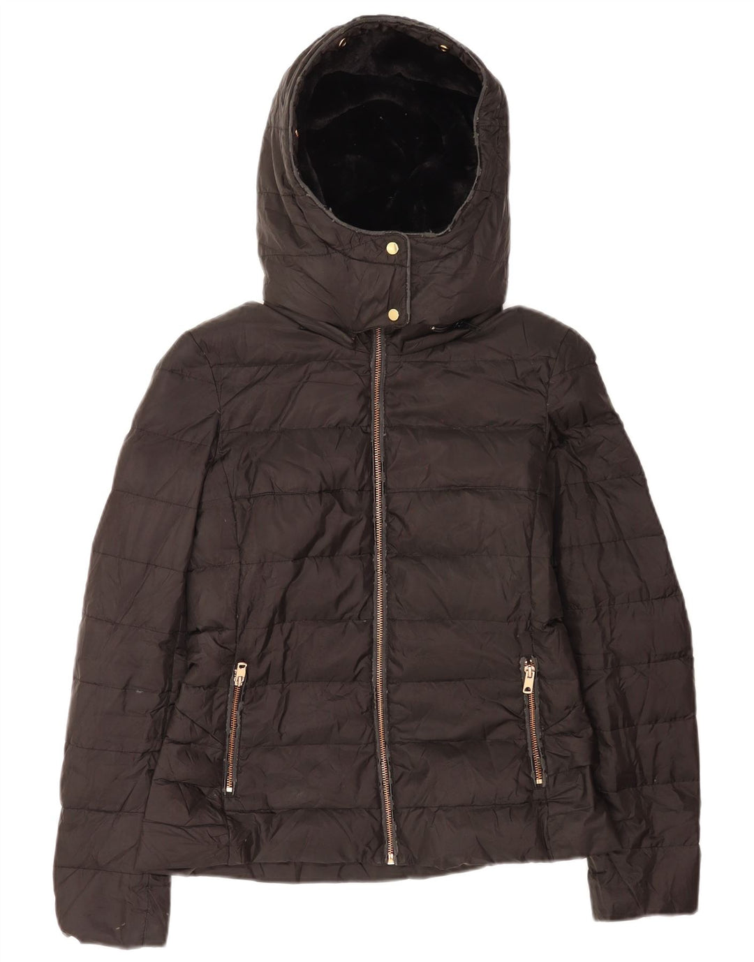 Giacca imbottita in sherpa con cappuccio da donna Zara UK 10 piccola in poliestere nero