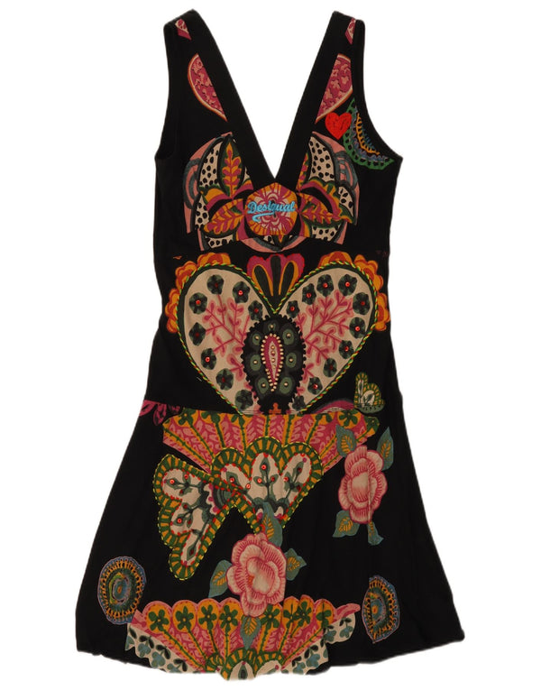Desigual Womens Graphic Sundress UK 14 Large Black Floral Cotton