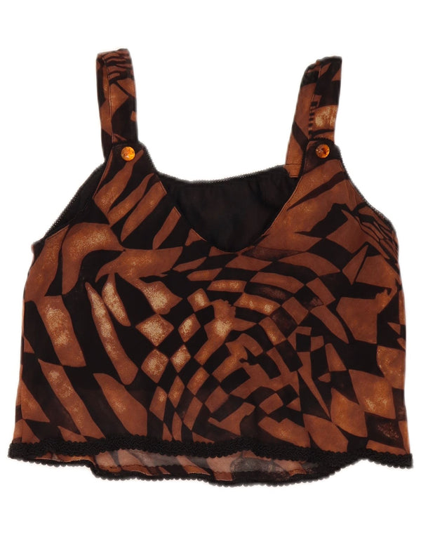 Canottiera corta vintage da donna UK 12 marrone medio geometrico