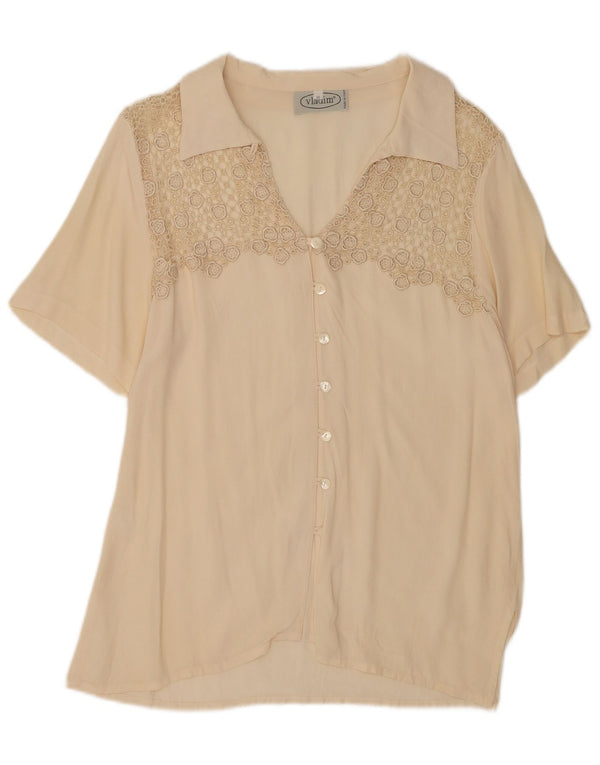 Camicetta camicia a maniche corte da donna vintage UK 20 2XL Seta beige