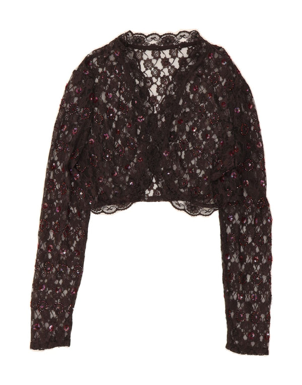 VINTAGE Womens Bolero Top UK 12 Medium Black Floral Polyester