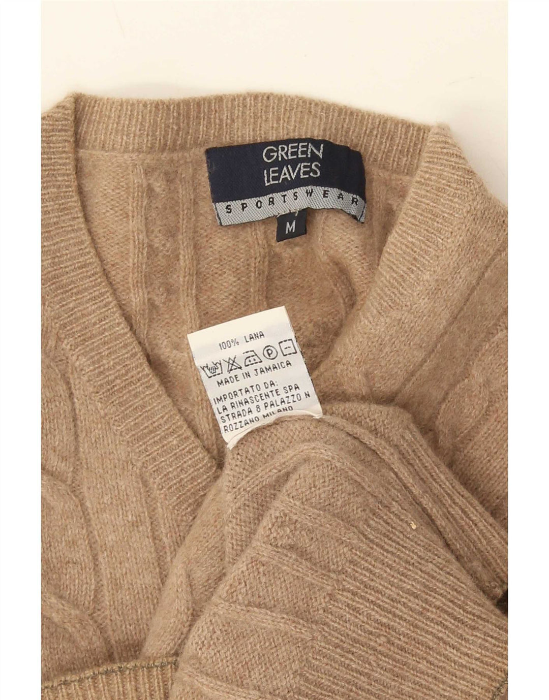 Maglione da uomo con scollo a V Green Leaves in lana beige medio