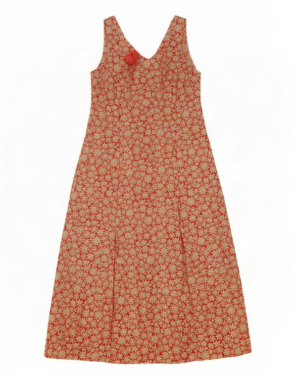Abito lungo senza maniche vintage da donna UK 12 rosso medio floreale