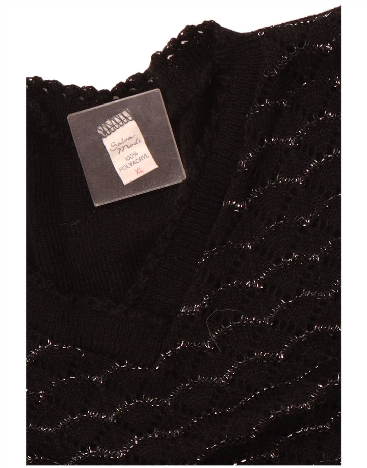 Maglione da donna VINTAGE a maniche corte con scollo a V UK 18 XL a righe nere