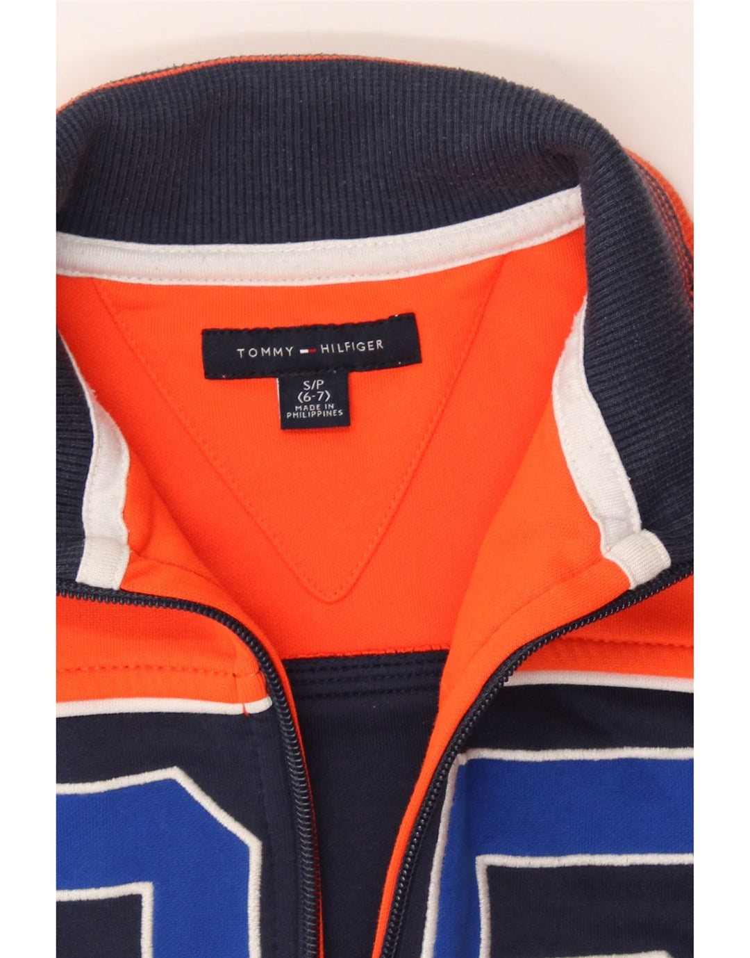 TOMMY HILFIGER Boys Tracksuit Top Jacket 6-7 Years Orange Colourblock Vintage Tommy Hilfiger and Second-Hand Tommy Hilfiger from Messina Hembry 