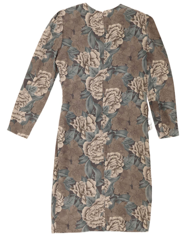 Vintage Womens Long Sleeve Sheath Dress UK 12 Medium Grey Floral Polyester