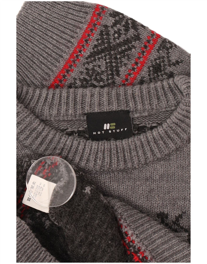 Hot Stuff Maglione girocollo da uomo maglione grande lana Fair Isle grigia