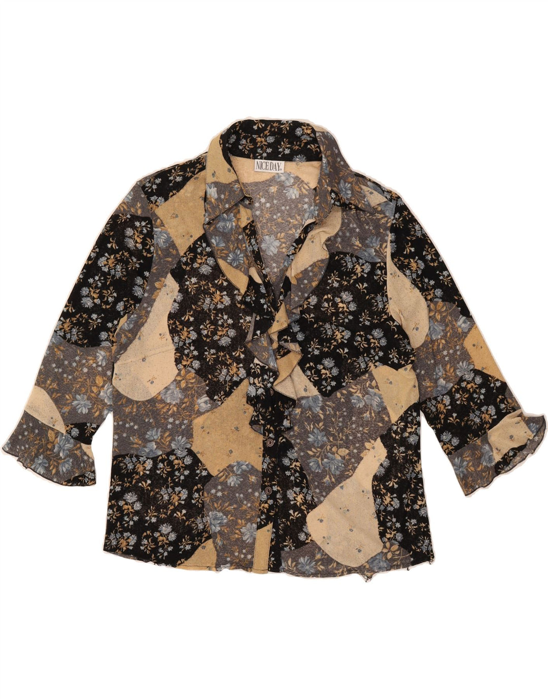 VINTAGE Womens Ruffle Front Shirt Blouse UK 16 Large Multicoloured Floral Vintage Vintage and Second-Hand Vintage from Messina Hembry 