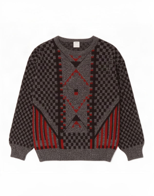 Maglione vintage da uomo con scollo a barca, grande acrilico geometrico grigio