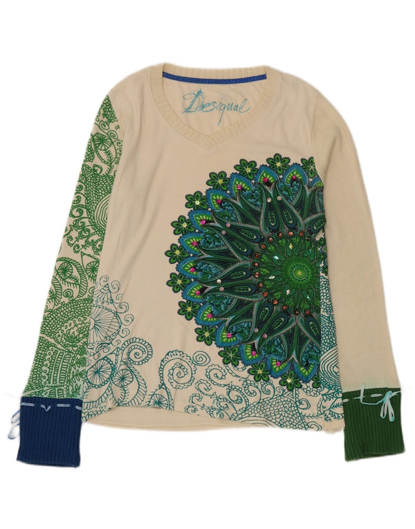 Desigual Donna Graphic Top Manica Lunga UK 16 Grande Off White Paisley