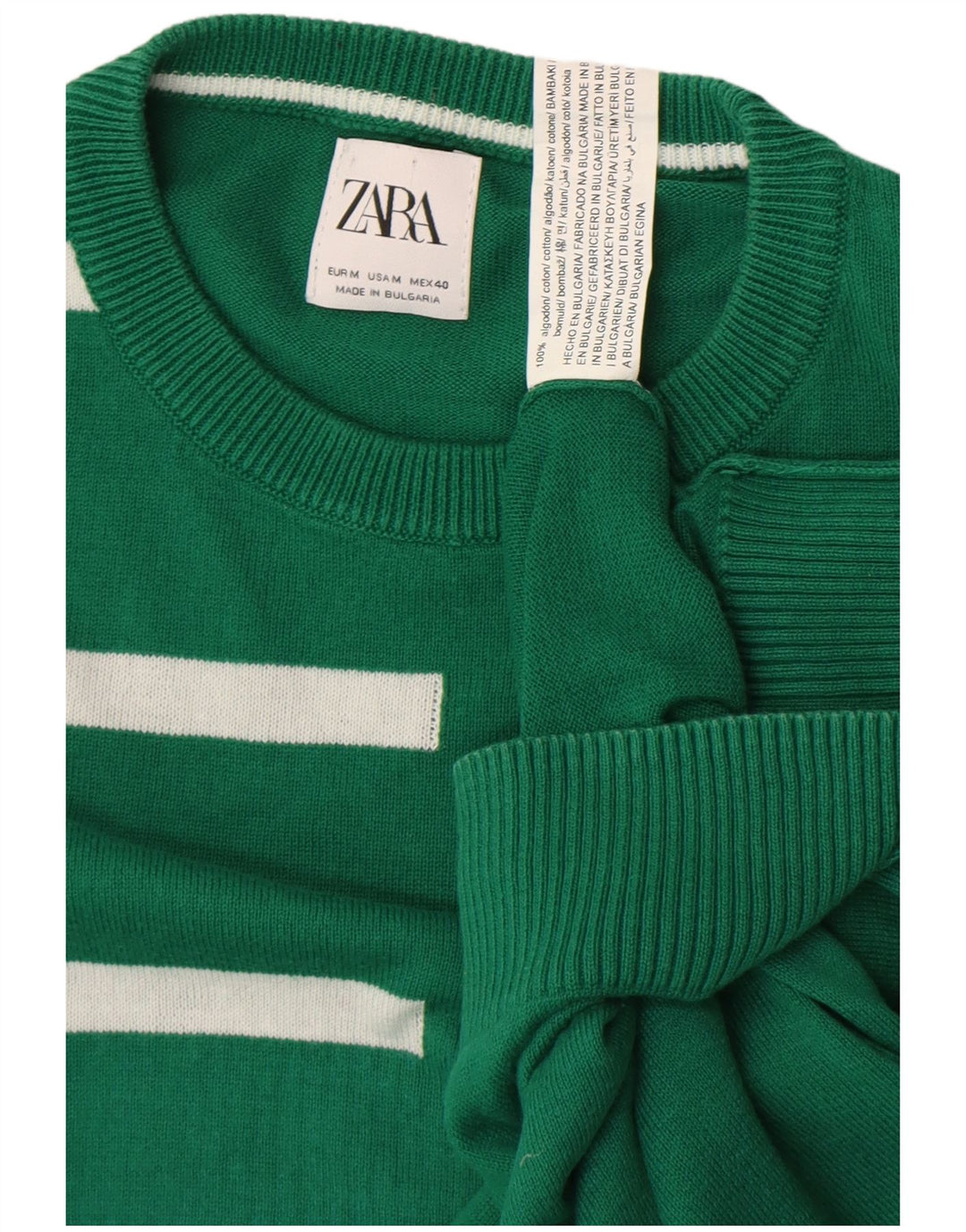 Maglione maglione girocollo da uomo Zara in cotone a righe verde medio