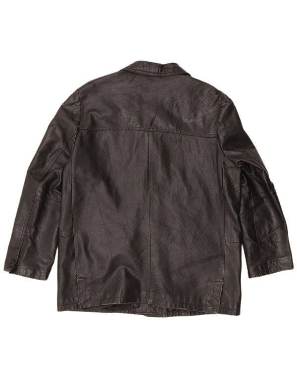 Giacca blazer in pelle oversize da donna vintage a 3 bottoni UK 16 grande nera