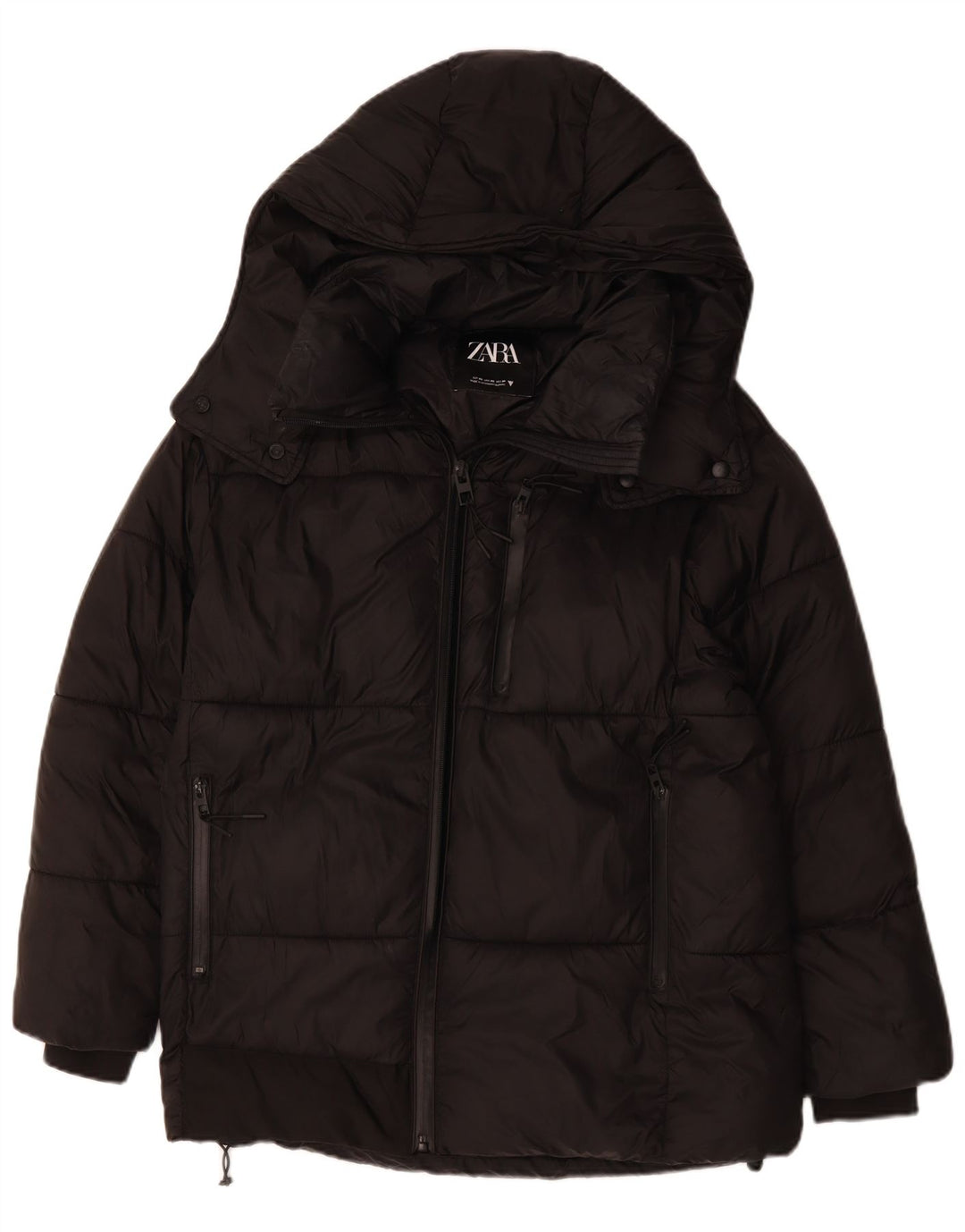Giacca imbottita oversize con cappuccio ZARA da donna UK 6 XS poliestere nero