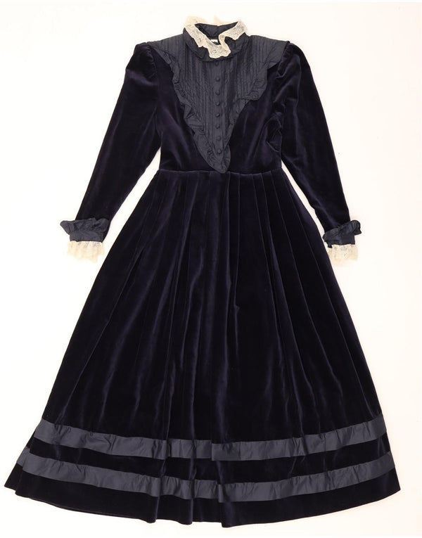 Abito maxi in velluto a maniche lunghe da donna vintage UK 8 piccolo floreale blu navy