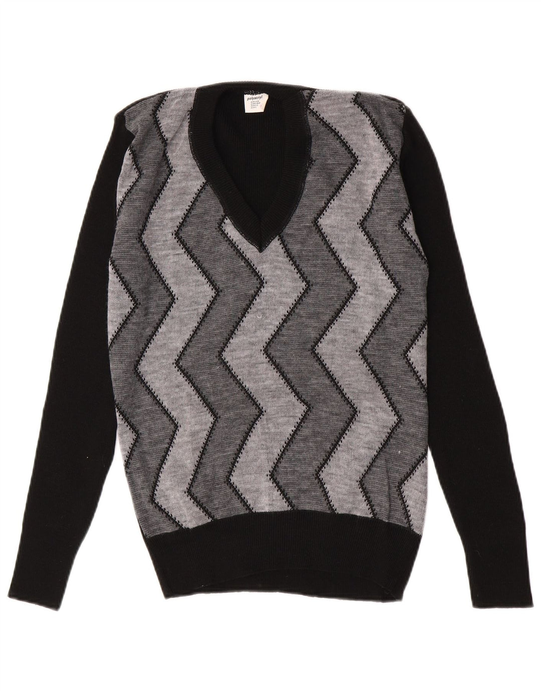 Maglione vintage da uomo con scollo a V IT 52 Grande poliacrilico nero Chevron