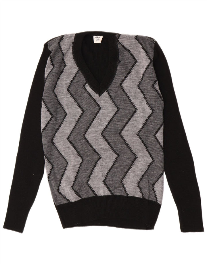 Maglione vintage da uomo con scollo a V IT 52 Grande poliacrilico nero Chevron
