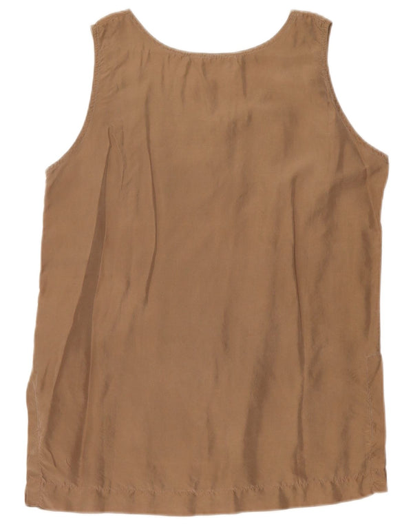 Top camicetta senza maniche vintage da donna UK 10 piccola seta marrone