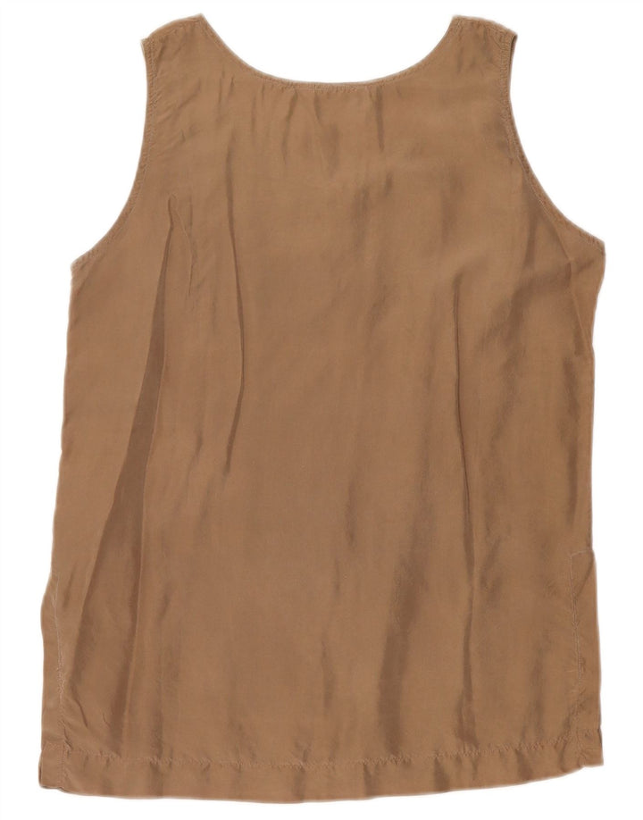 Top camicetta senza maniche vintage da donna UK 10 piccola seta marrone