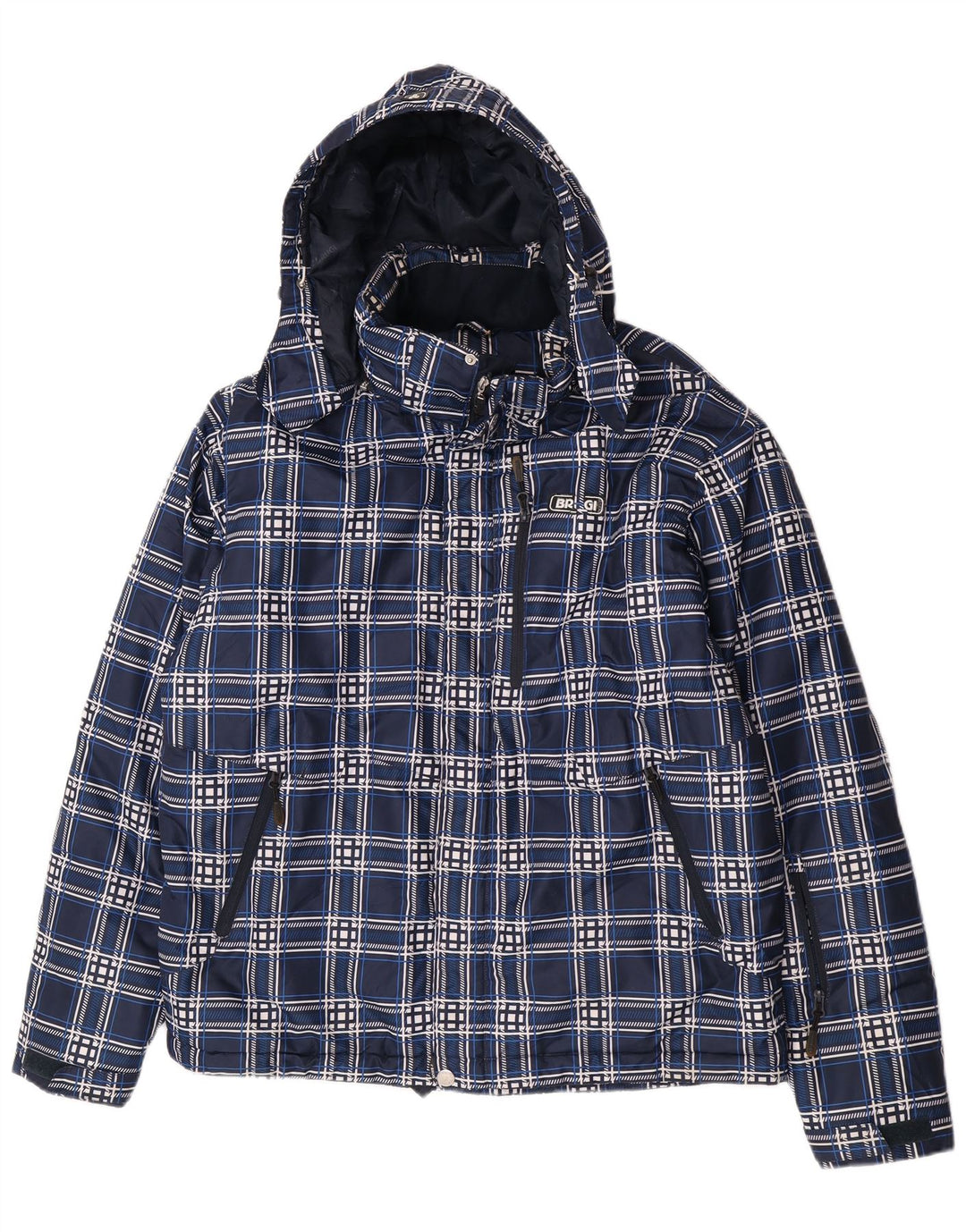 Giacca imbottita con cappuccio da uomo Brugi UK 40 grande poliestere a quadri blu navy