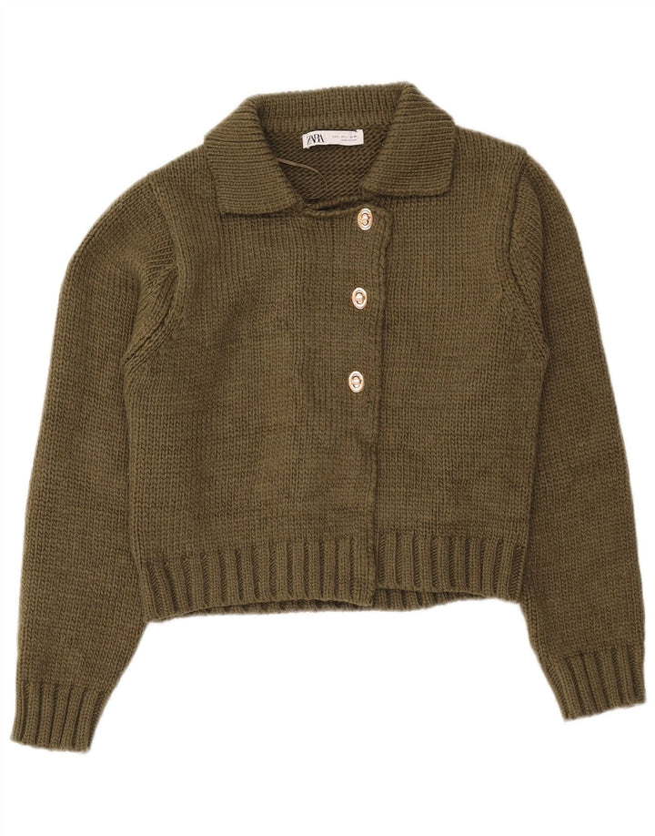 Maglione cardigan corto da donna Zara UK 16 grande poliestere kaki