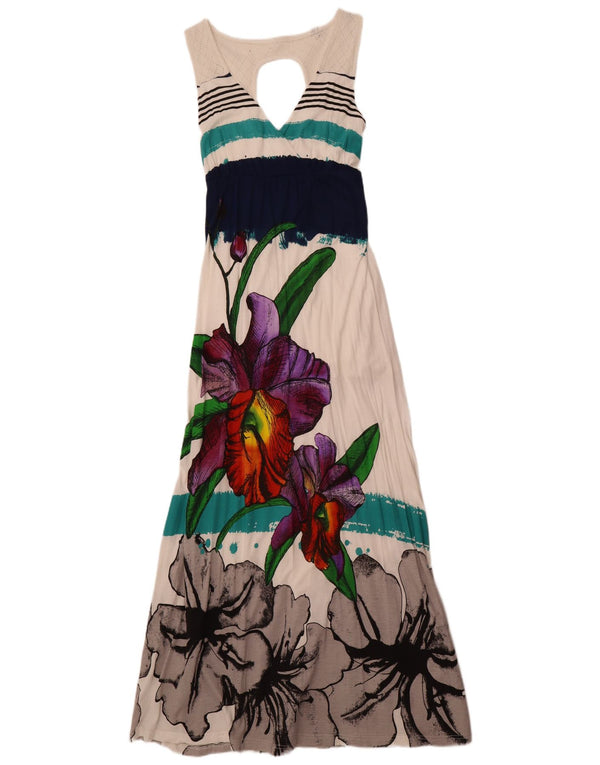 Desigual Abito lungo senza maniche da donna UK 8 Small in viscosa floreale bianco sporco
