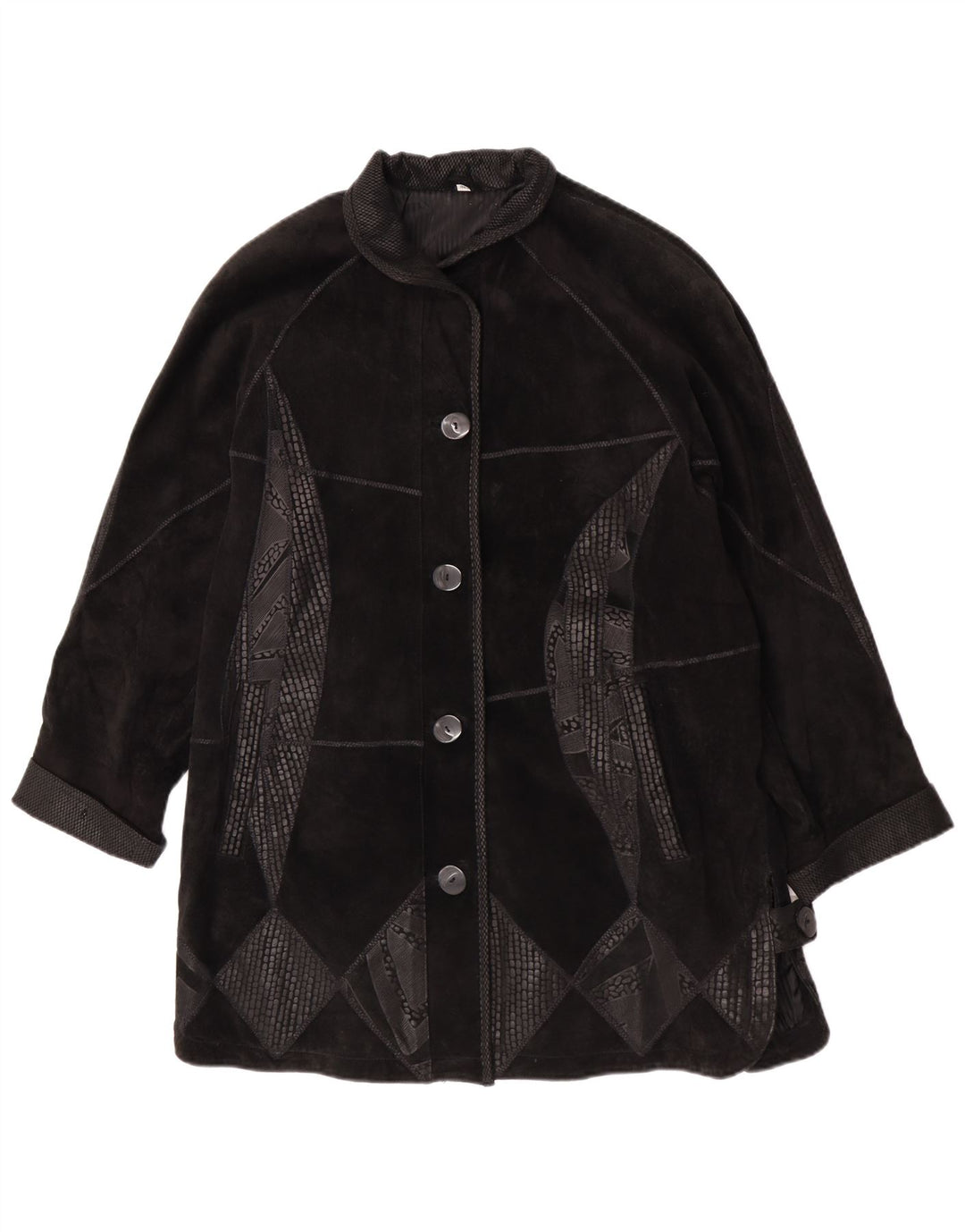 Soprabito oversize in pelle scamosciata vintage da donna EU 42 grande pelle geometrica nera