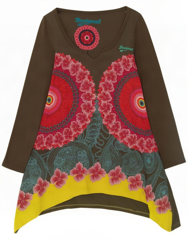 Desigual Abito tunica a maniche lunghe da donna UK 14 Medium Khaki Floral