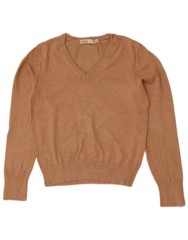 Maglione corto con scollo a V da donna Oasis UK 12 Viscosa beige medio