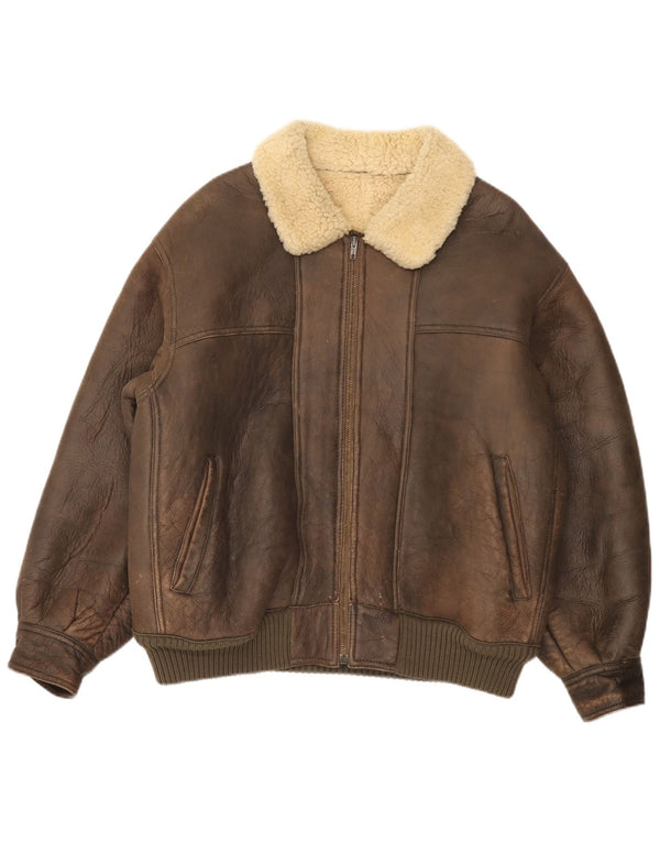 Giubbotto bomber in shearling da uomo vintage UK 36 piccolo marrone