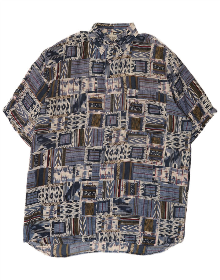 Camicia vintage da uomo a maniche corte IT 48 Seta patchwork blu medio