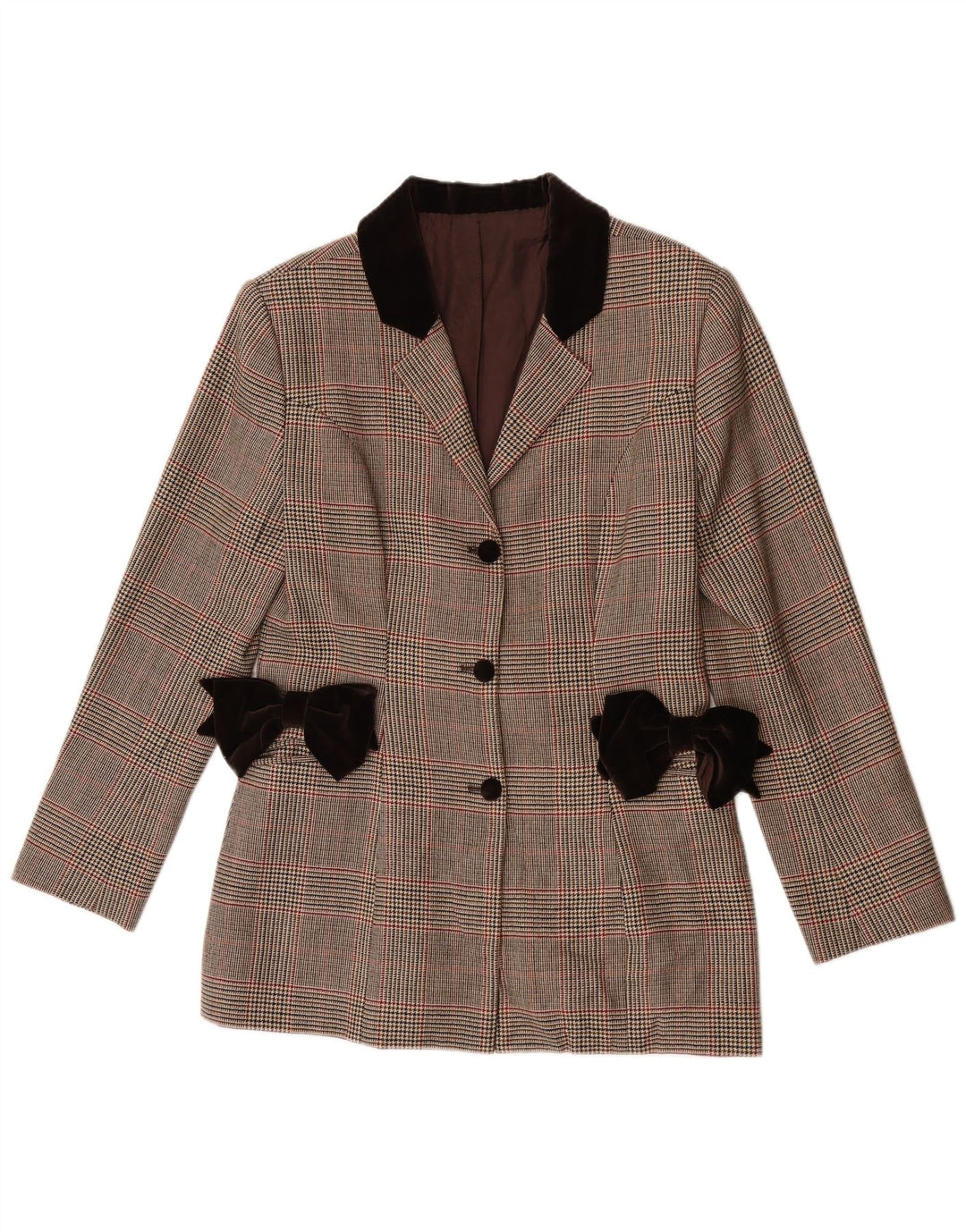 Giacca blazer vintage da donna a 3 bottoni UK 8 piccolo scozzese marrone
