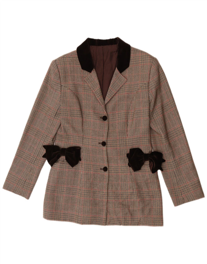 Giacca blazer vintage da donna a 3 bottoni UK 8 piccolo scozzese marrone
