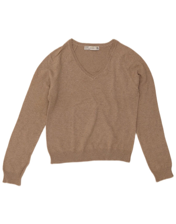 Maglione Zara da donna con scollo a V UK 14 grande cotone grigio