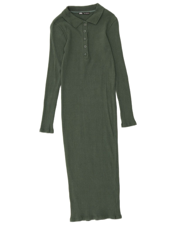 Abito polo maxi manica lunga da donna Zara UK 10 piccolo in cotone verde