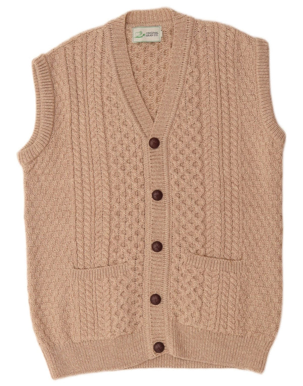 Maglione cardigan senza maniche da uomo originale Aran CO. 2XL lana merino beige