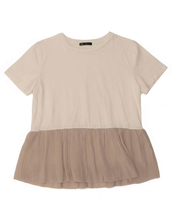 Top Blusa Da Donna ZARA UK 14 Colorblock Bianco Medio