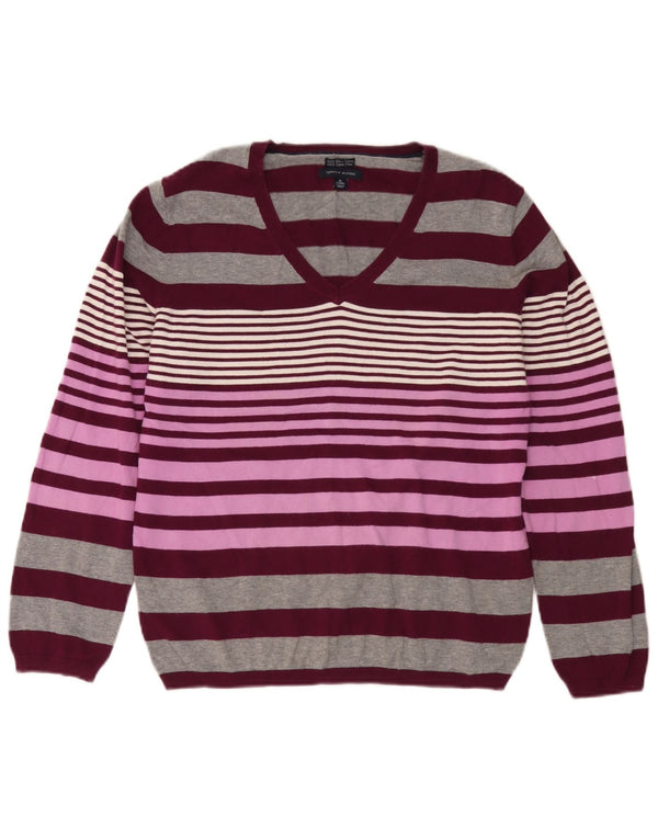 Maglione maglione con scollo a V da donna Tommy Hilfiger UK 18 XL cotone a righe grigie