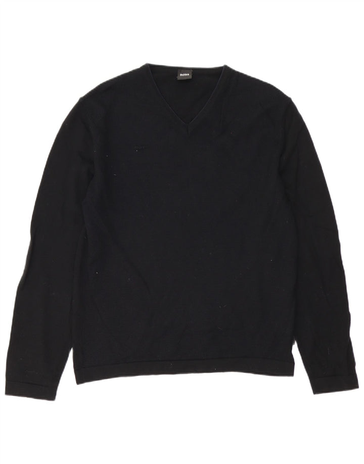 Maglione da uomo con scollo a V Hugo Boss, lana vergine nera media