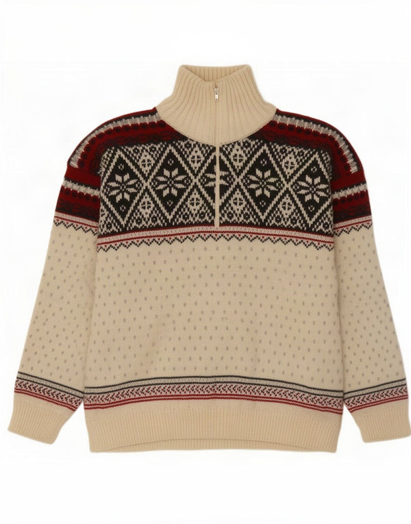 Campagnolo Maglione da uomo con zip e collo grande in lana Fair Isle bianco sporco