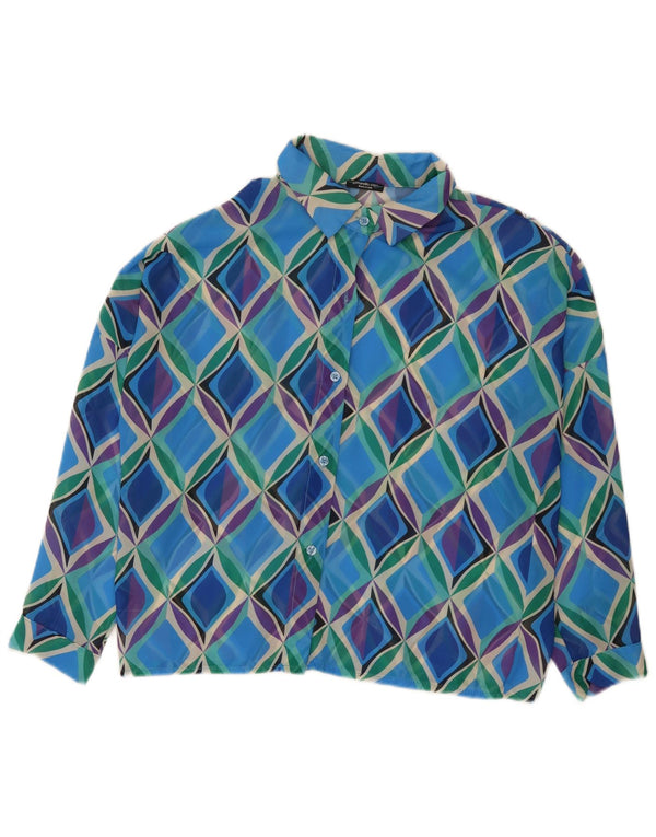 Camicetta vintage da donna con maniche a 3/4 UK 16 Grande poliestere geometrico blu