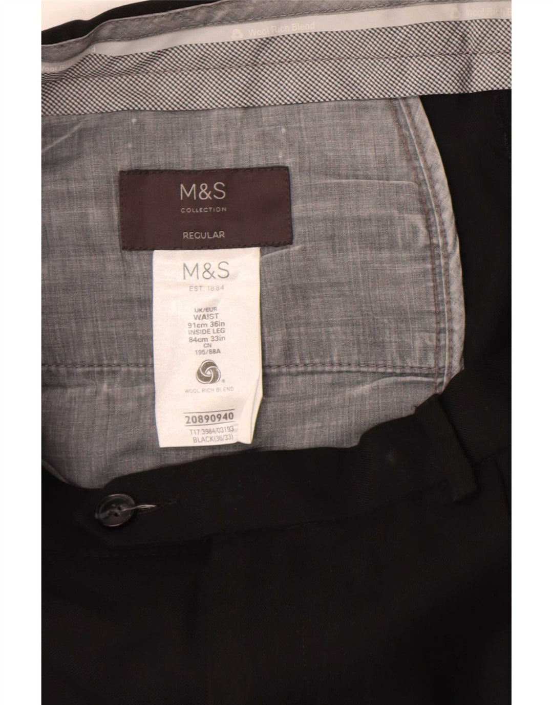 Pantaloni da abito vestibilità regolare da uomo Marks & Spencer W36 L33 lana nera