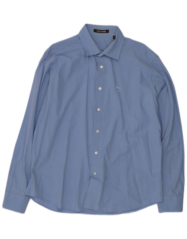 Camicia da uomo Roberto Cavalli taglia 44 17 1/2 XL cotone gessato blu