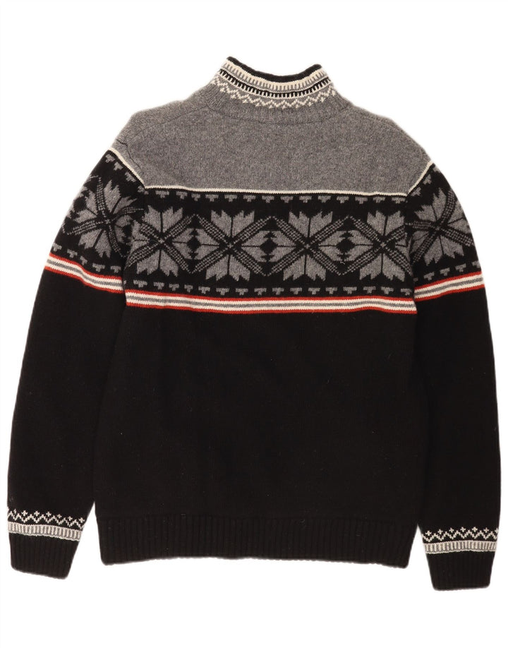 Ragman Maglione da uomo con zip e collo, grande lana d'agnello Fair Isle nera