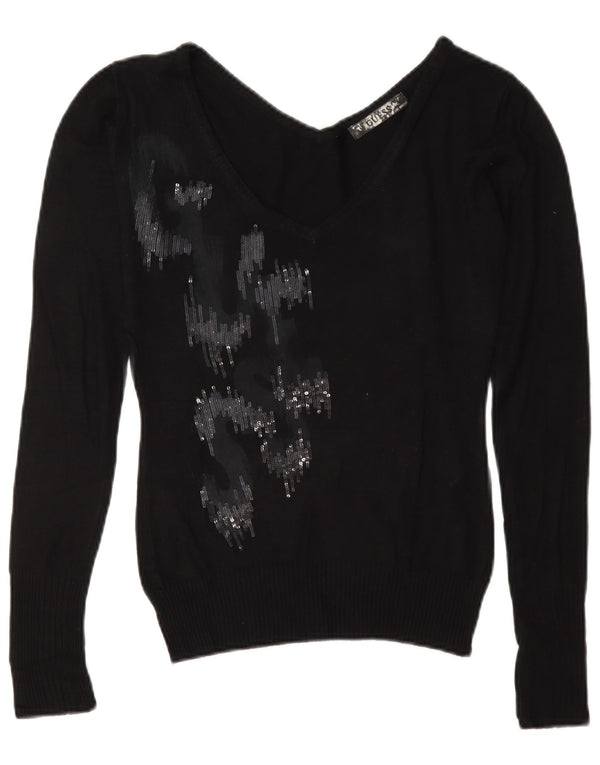Guess Womens Graphic V-Neck Jumper Sweater UK 10 Small Black Viscose