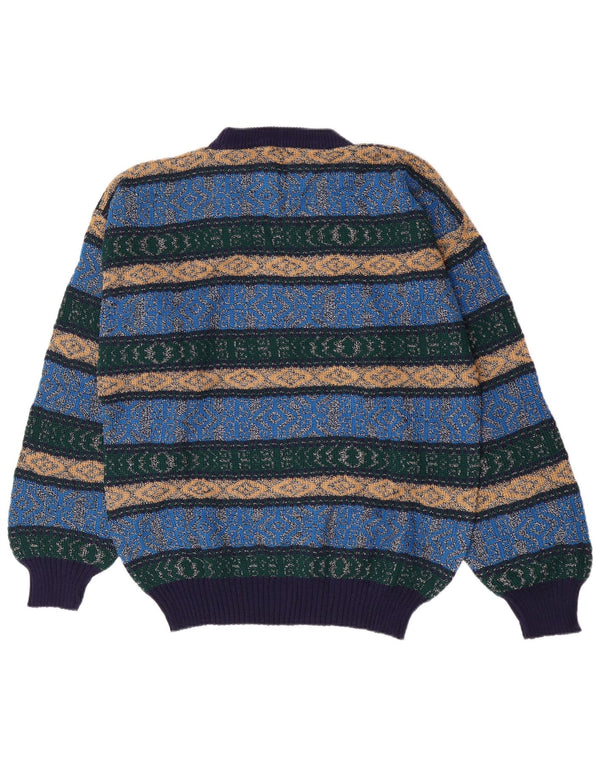 Maglione maglione girocollo da uomo vintage blu medio a rombi/diamante