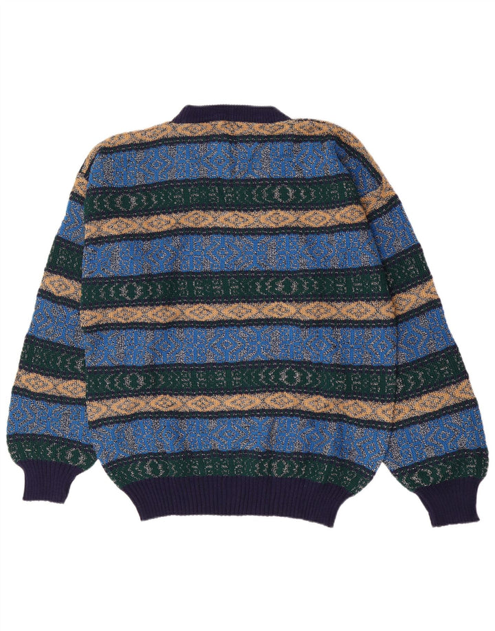 Maglione maglione girocollo da uomo vintage blu medio a rombi/diamante